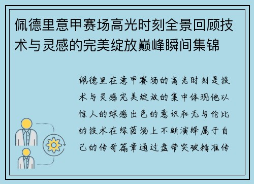佩德里意甲赛场高光时刻全景回顾技术与灵感的完美绽放巅峰瞬间集锦